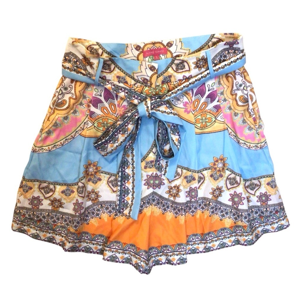 Flying Tomato High-Waist Printed Tie-Belt Shorts in Blue, Orange, White - Picture 8 of 9